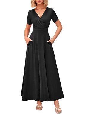 Women's Black Summer Maxi Dress Wrap V Neck Elegant Long Dress Short Sleeve